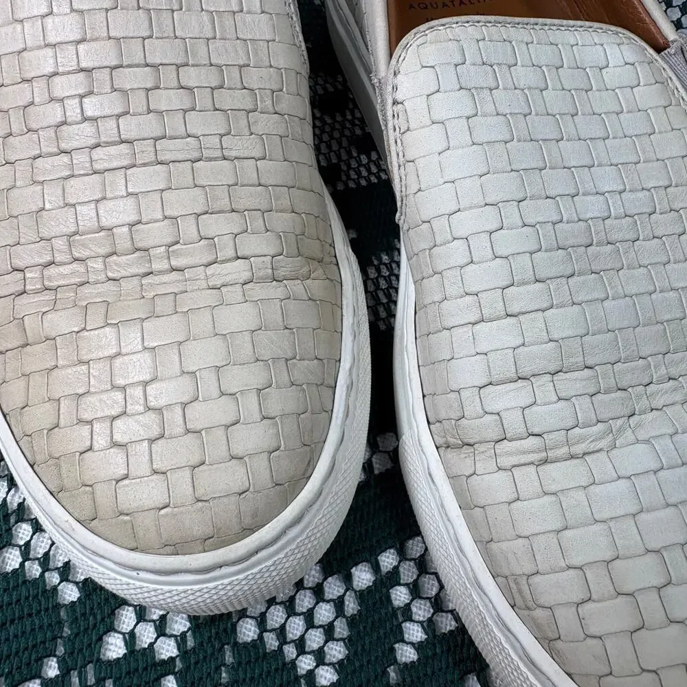 Aquatalia Ashlynn Embossed Calf Size 7 Cream/Grey Woven Leather Made Italy